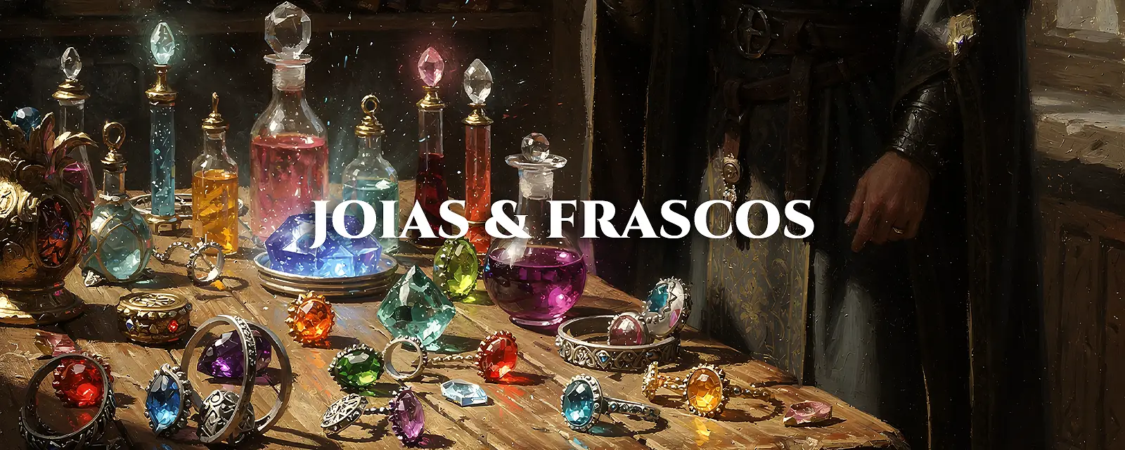 Gemas, anéis e frascos alquímicos